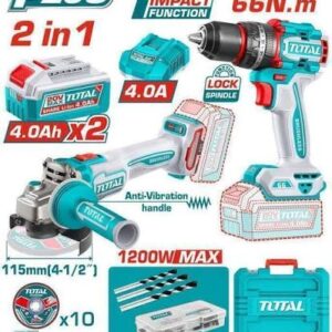 COMBO TALADRO PERCUTOR 66 NM + AMOLADORA 20 VOL - MOTOR BL - CON MALETIN CARGADOR Y 2 BATERIAS DE 4 AMP Y ACCESORIOS